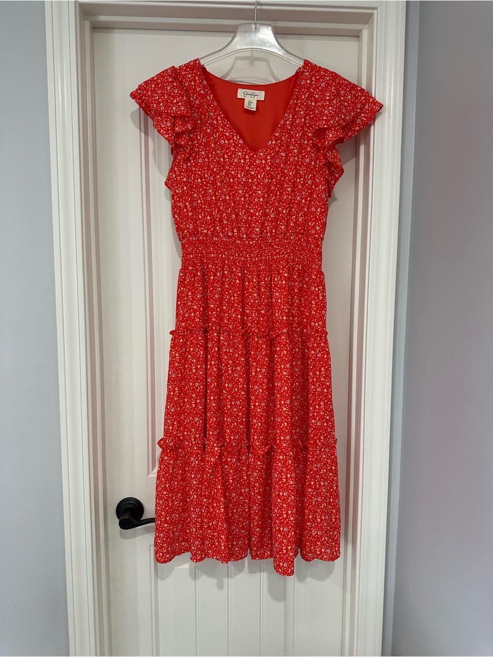 Orange Floral V-Neck Tiered Midi Dress by Jessica Simpson